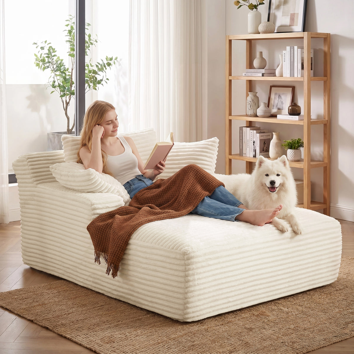 Vanress 66" Chaise Lounge Chair Indoor, Oversized Corduroy Upholstered Boneless Sofa, Deep Seat Reading Chairs Sleeper Couch, Cloud Sofas Couches for Living Room Bedroom, No Assembly Required, White
