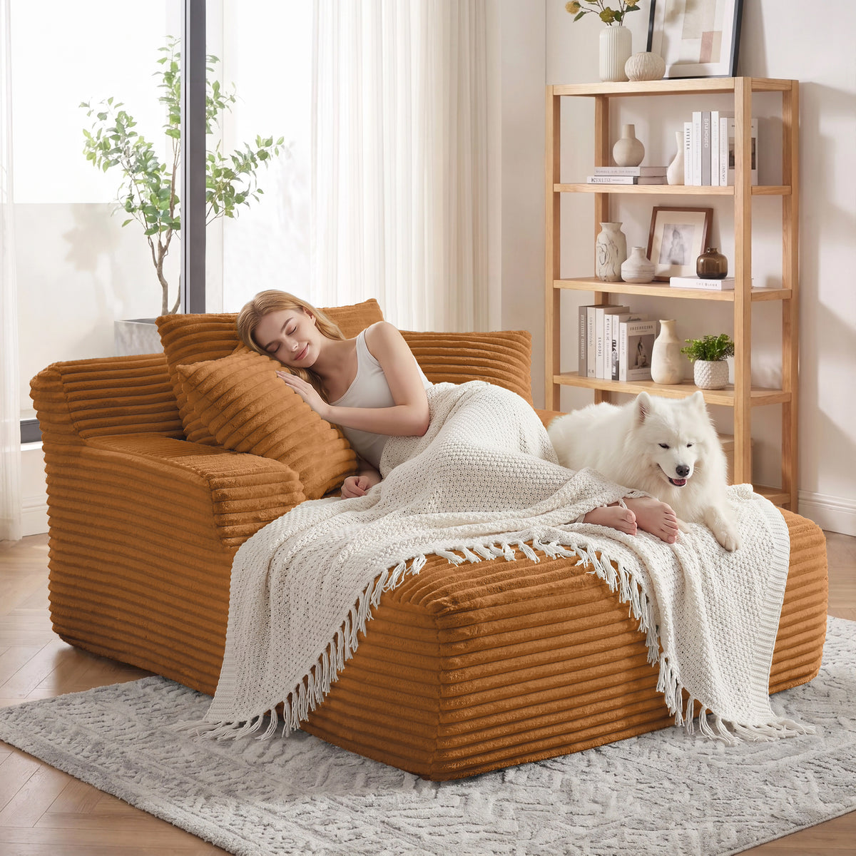 Vanress 66" Chaise Lounge Chair Indoor, Oversized Corduroy Upholstered Boneless Sofa, Deep Seat Reading Chairs Sleeper Couch, Cloud Sofas Couches for Living Room Bedroom, No Assembly Required, White