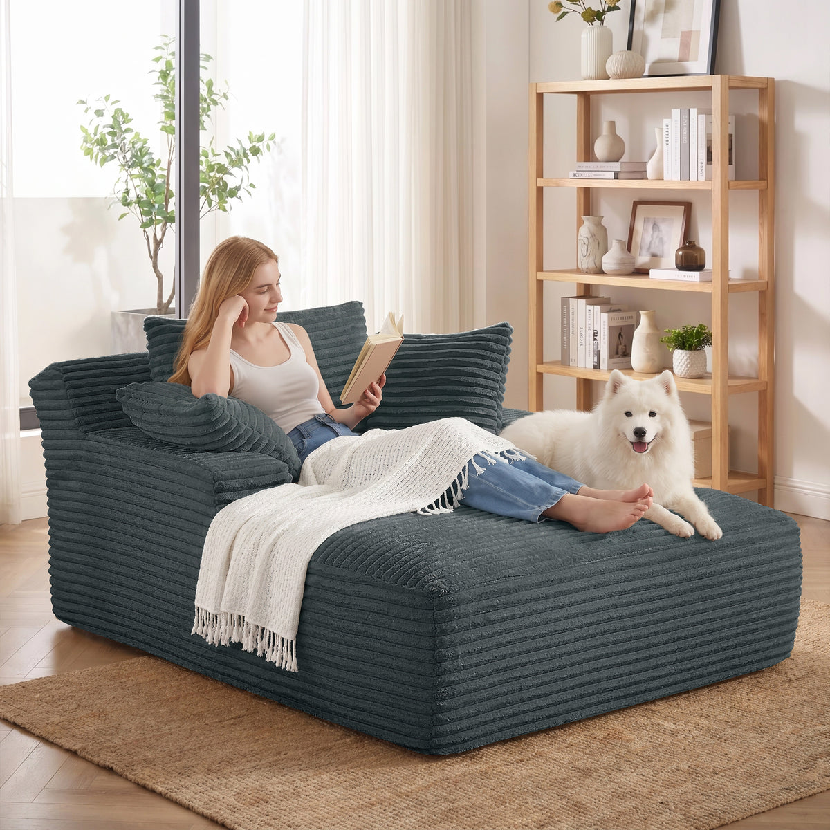 Vanress 66" Chaise Lounge Chair Indoor, Oversized Corduroy Upholstered Boneless Sofa, Deep Seat Reading Chairs Sleeper Couch, Cloud Sofas Couches for Living Room Bedroom, No Assembly Required, White