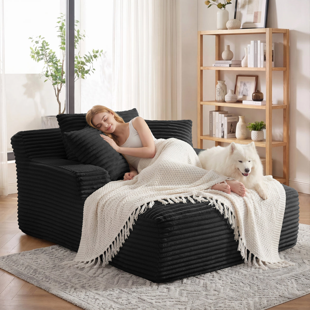 Vanress 66" Chaise Lounge Chair Indoor, Oversized Corduroy Upholstered Boneless Sofa, Deep Seat Reading Chairs Sleeper Couch, Cloud Sofas Couches for Living Room Bedroom, No Assembly Required, White