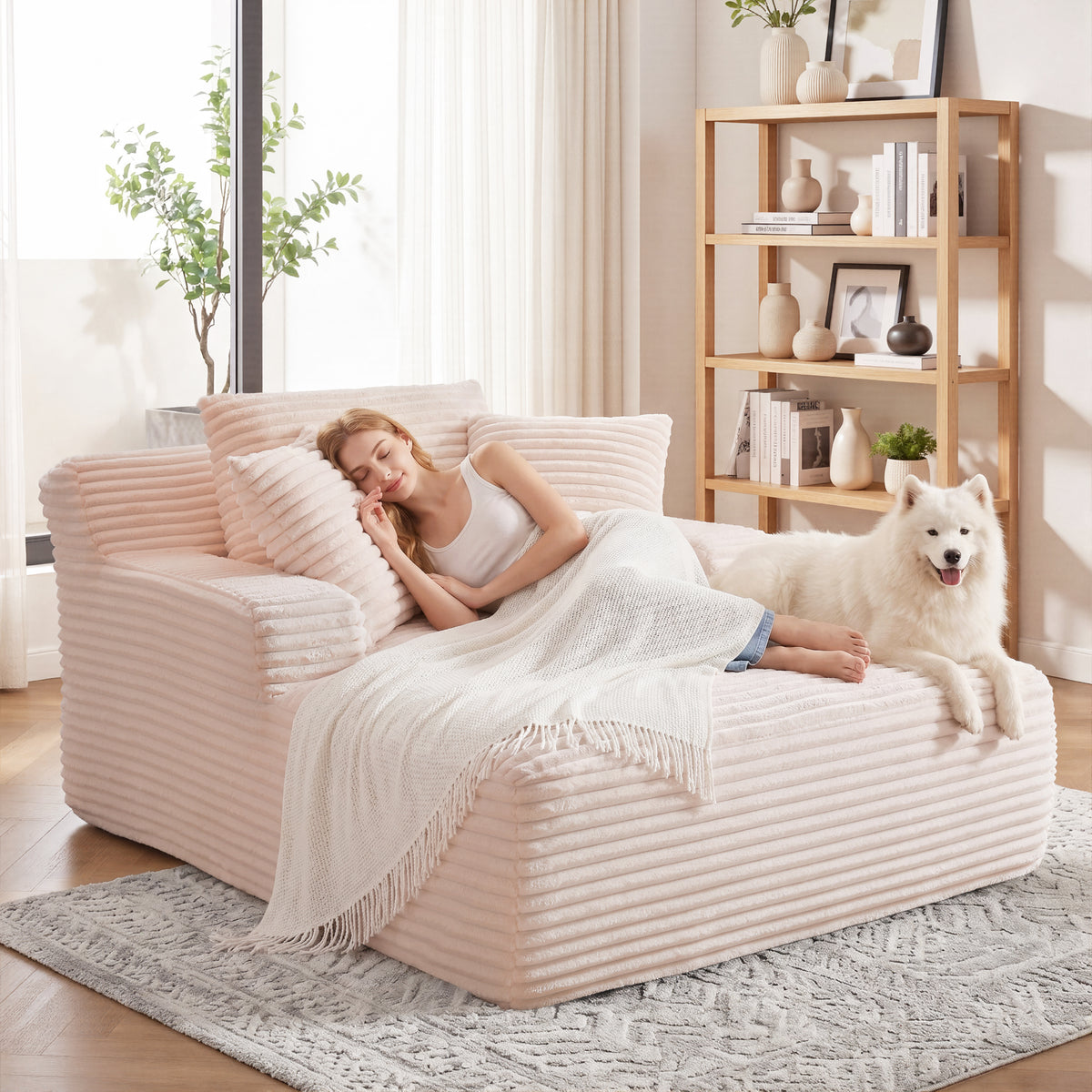 Vanress 66" Chaise Lounge Chair Indoor, Oversized Corduroy Upholstered Boneless Sofa, Deep Seat Reading Chairs Sleeper Couch, Cloud Sofas Couches for Living Room Bedroom, No Assembly Required, White