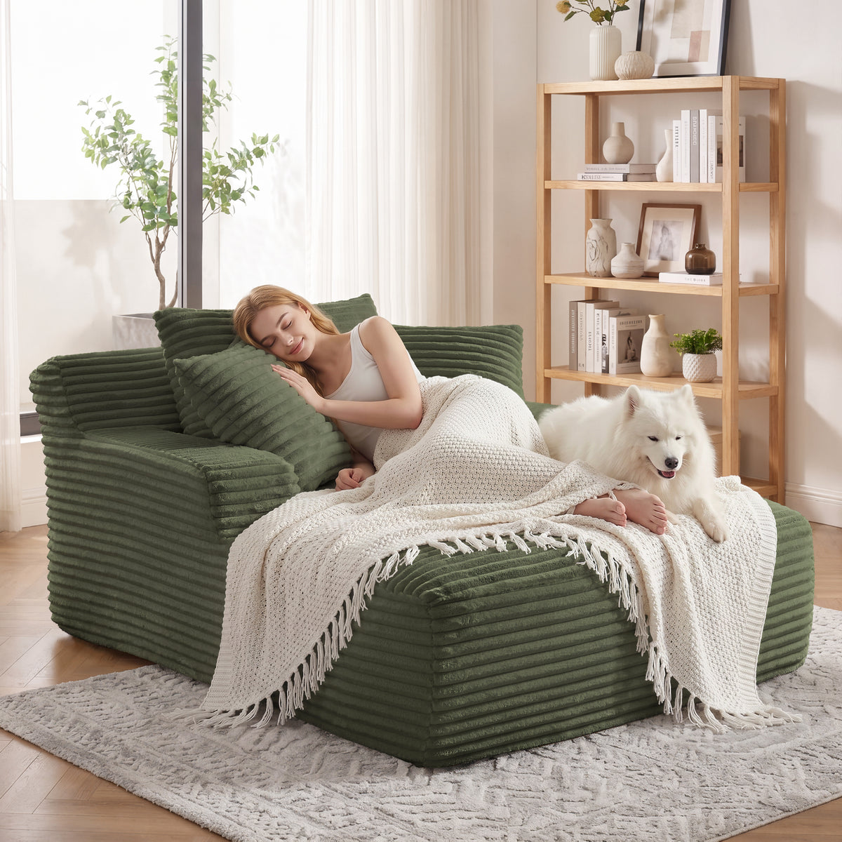 Vanress 66" Chaise Lounge Chair Indoor, Oversized Corduroy Upholstered Boneless Sofa, Deep Seat Reading Chairs Sleeper Couch, Cloud Sofas Couches for Living Room Bedroom, No Assembly Required, White