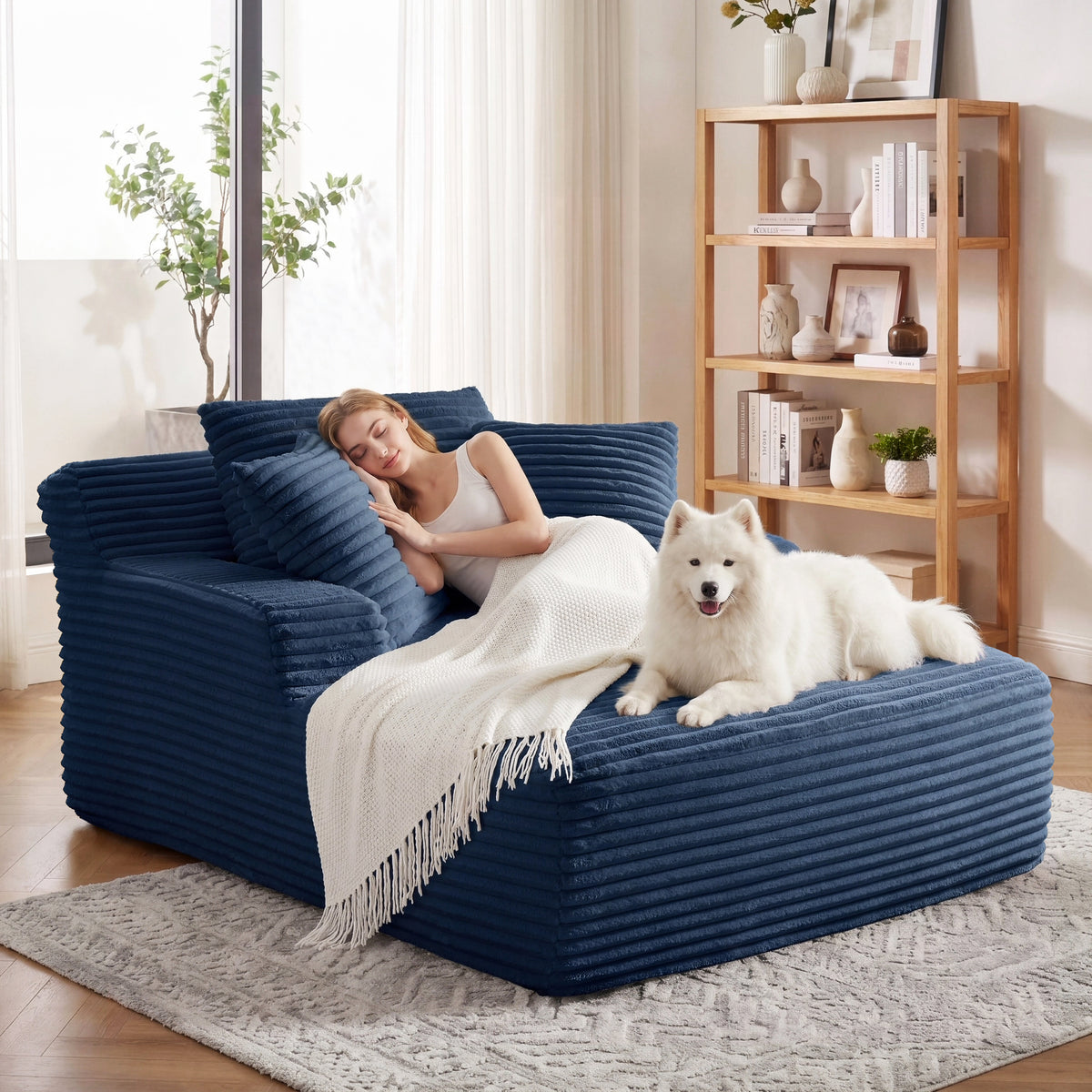 Vanress 66" Chaise Lounge Chair Indoor, Oversized Corduroy Upholstered Boneless Sofa, Deep Seat Reading Chairs Sleeper Couch, Cloud Sofas Couches for Living Room Bedroom, No Assembly Required, White