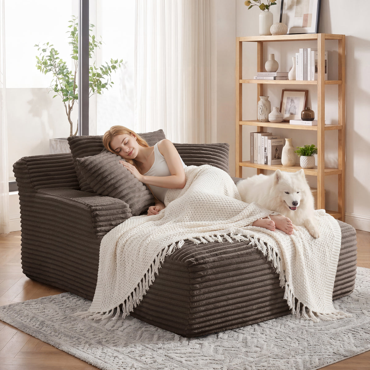 Vanress 66" Chaise Lounge Chair Indoor, Oversized Corduroy Upholstered Boneless Sofa, Deep Seat Reading Chairs Sleeper Couch, Cloud Sofas Couches for Living Room Bedroom, No Assembly Required, White