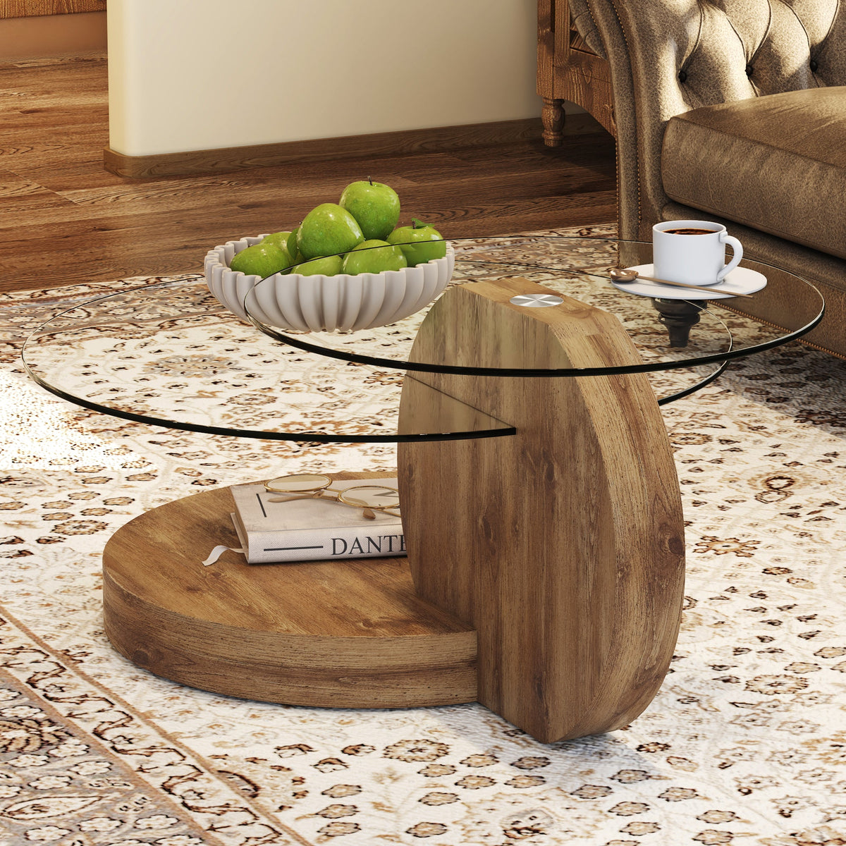 Vanress 42" Glass Coffee Table, Round Coffee Table, Modern Double Layer Round Glass Coffee Table for Living Room