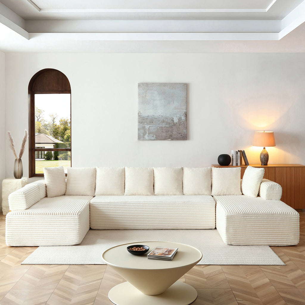 Vanress Oversize 145" Modular Sectional Sofa with Chaise,U-Shaped Deep Seat Cloud Couch with Fixed-Shape Frame, Modern Corduroy Boneless Sofa for Living Room, No Assembly Required, Beige