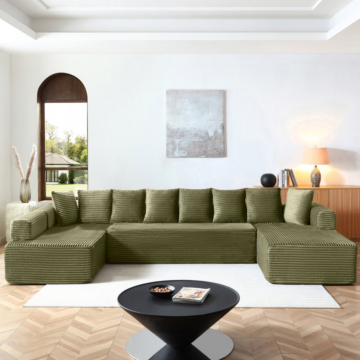 Vanress Oversize 145" Modular Sectional Sofa with Chaise,U-Shaped Deep Seat Cloud Couch with Fixed-Shape Frame, Modern Corduroy Boneless Sofa for Living Room, No Assembly Required, Beige