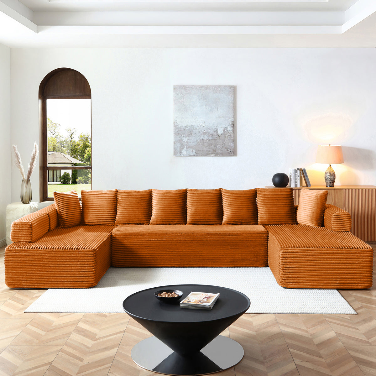 Vanress Oversize 145" Modular Sectional Sofa with Chaise,U-Shaped Deep Seat Cloud Couch with Fixed-Shape Frame, Modern Corduroy Boneless Sofa for Living Room, No Assembly Required, Beige