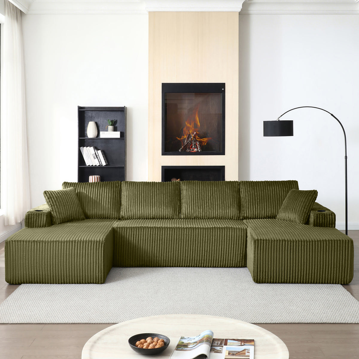 Vanress 132" Oversized Cloud Boneless Sofa Couch, Modern Corduroy U Shaped Modular Sectional Sofa with Deep Seat, Comfy Couch with Cupholders and Storage, for Living Room, No Assembly Required, Black