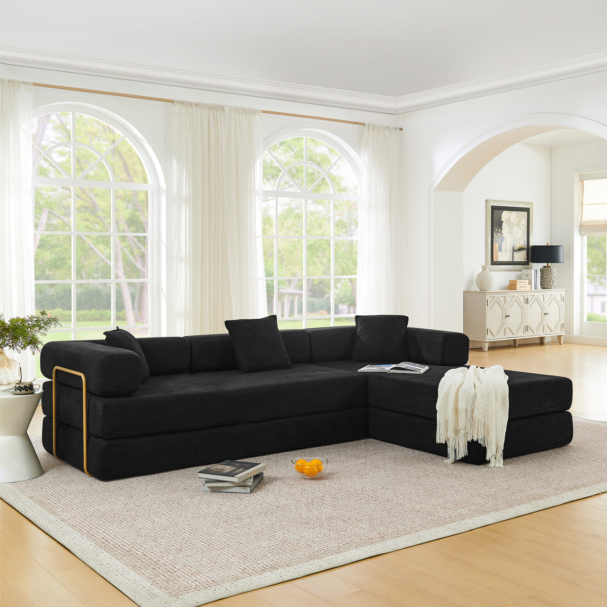 Vanress 108" Modular Sectional Sofa Bed, Convertible Folding Sofa Bed, Modern Cloud Corduroy Boneless Sofa with Deep Seat, Fold-Out Futon Couch Bed for Living Room, No Assembly Required, Grey