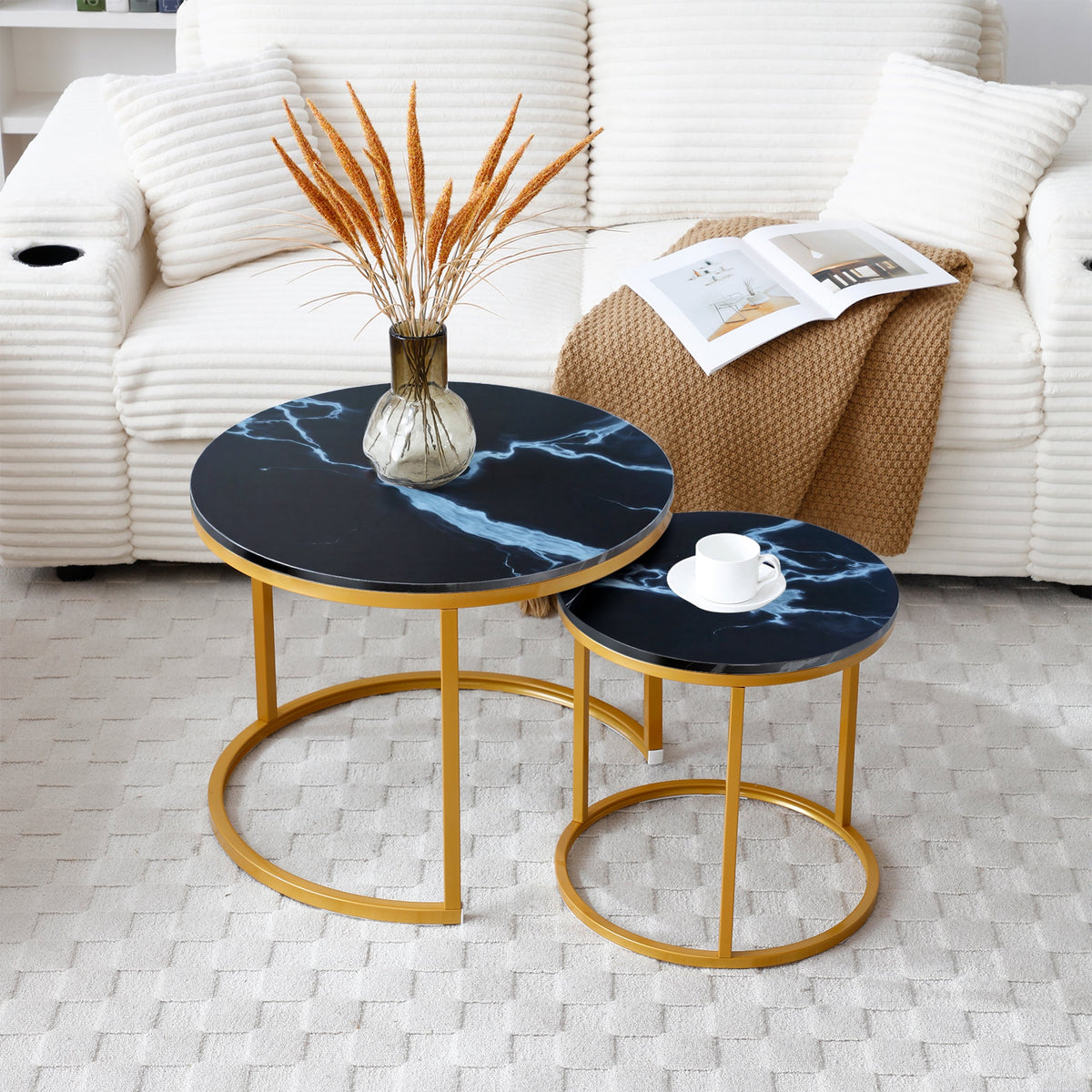 Vanress Nesting Coffee Table Set of 2, 23.6" Round Coffee Table Marble Pattern Wooden Tables with Sturdy Metal Frame, Industrial End Table Side Tables for Living Room Bedroom Balcony YarAd