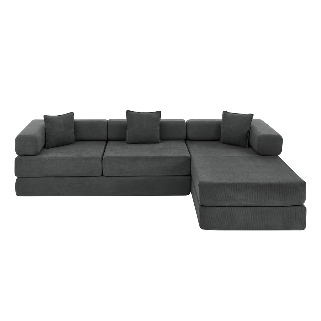 Vanress 108" Modular Sectional Sofa Bed, Convertible Folding Sofa Bed, Modern Cloud Corduroy Boneless Sofa with Deep Seat, Fold-Out Futon Couch Bed for Living Room, No Assembly Required, Grey