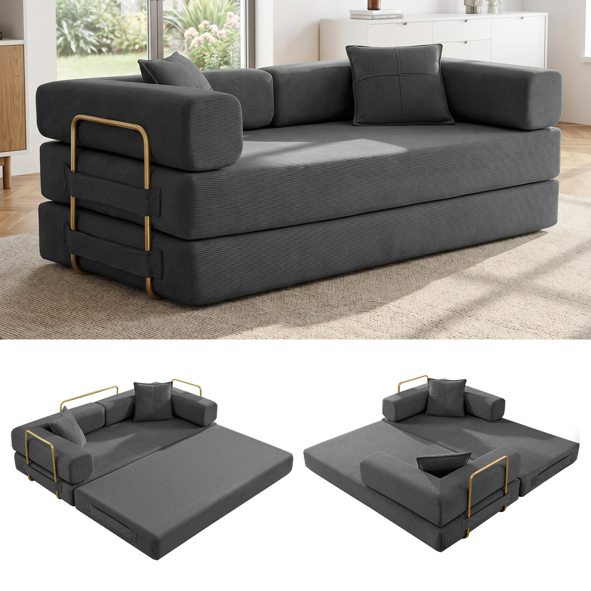 Vanress 78" Convertible Sofa Bed, Folding Sleeper Sofa Couch Bed with Fixed-Shape Frame, Pull-Out Sleeper Loveseat, Corduroy Boneless Futon Bed, No Assembly Required for Living Room & Bedroom, Green