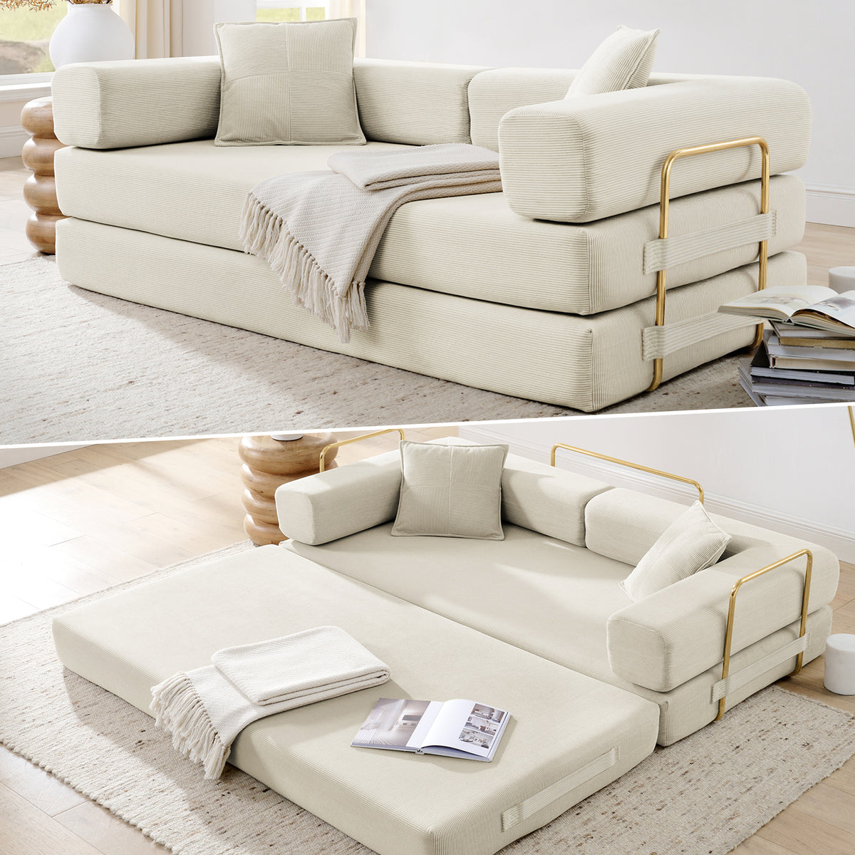 Vanress 79" Convertible Sofa Bed, Folding Sleeper Sofa Couch Bed with Fixed-Shape Frame, Fold Out Sleeper Loveseat, Corduroy Boneless Futon Bed, No Assembly Required for Living Room & Bedroom, Green