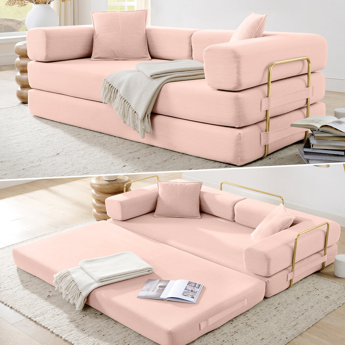 Vanress 79" Convertible Sofa Bed, Folding Sleeper Sofa Couch Bed with Fixed-Shape Frame, Fold Out Sleeper Loveseat, Corduroy Boneless Futon Bed, No Assembly Required for Living Room & Bedroom, Green
