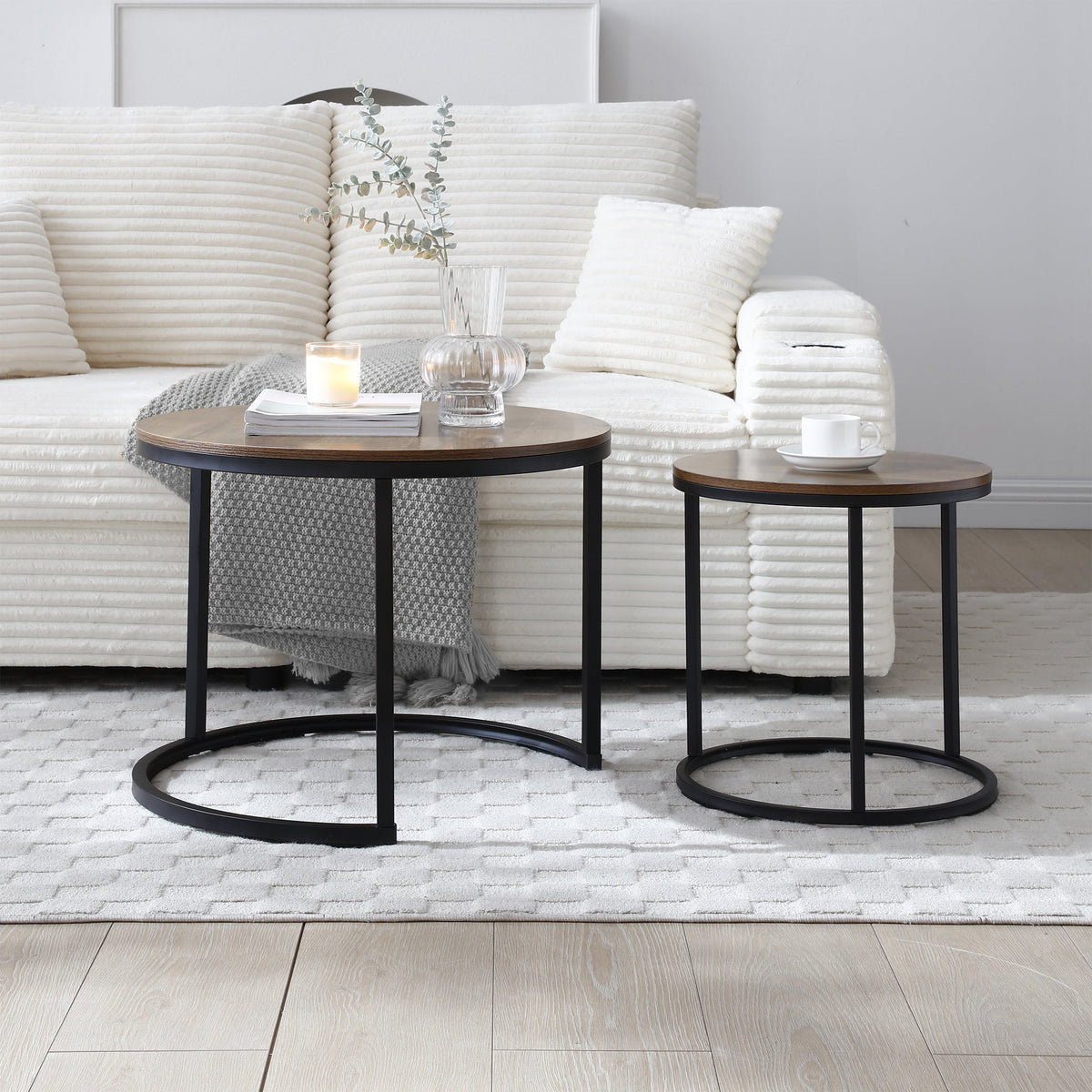 Vanress Nesting Coffee Table Set of 2, 23.6" Round Coffee Table Marble Pattern Wooden Tables with Sturdy Metal Frame, Industrial End Table Side Tables for Living Room Bedroom Balcony YarAd