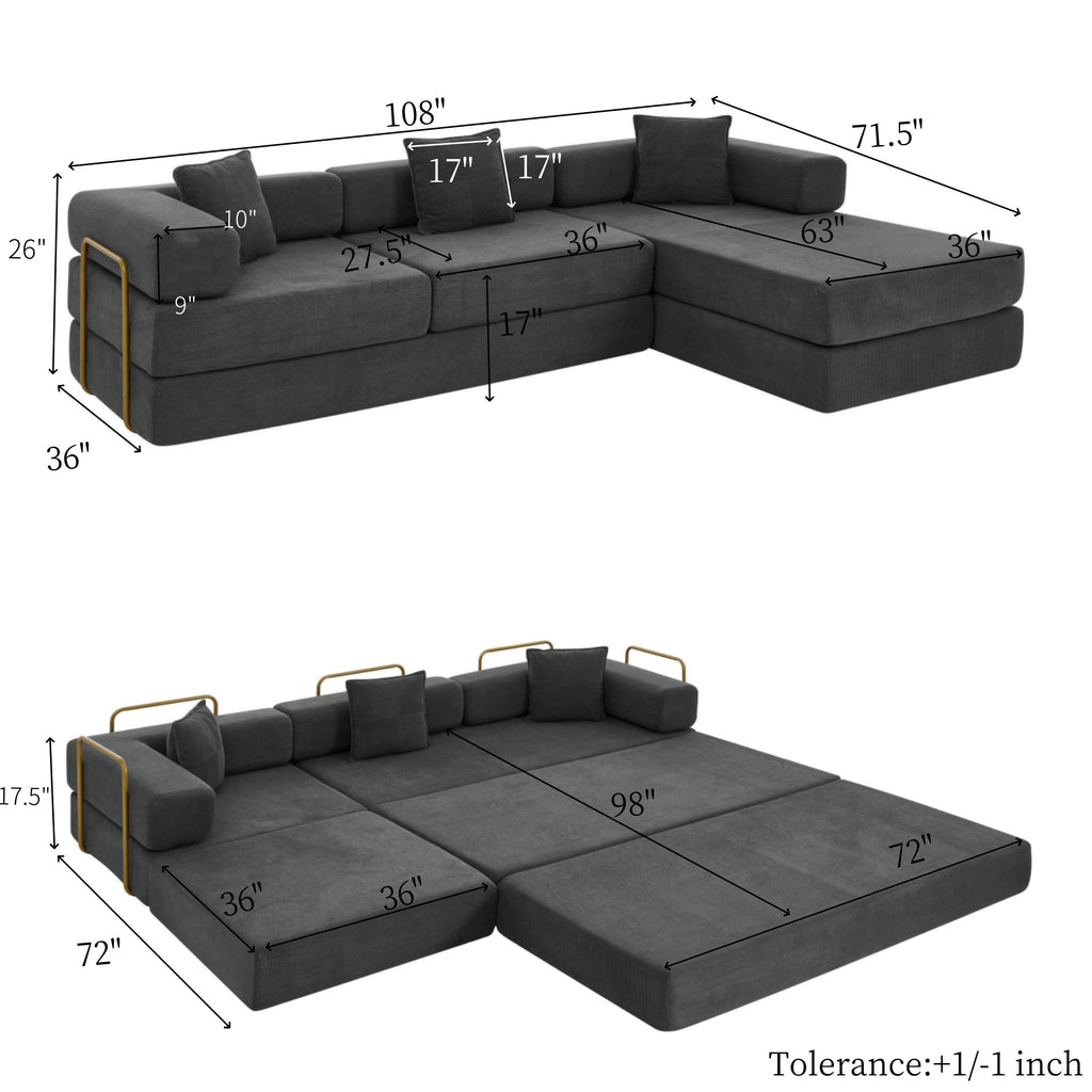Vanress 108" Modular Sectional Sofa Bed, Convertible Folding Sofa Bed, Modern Cloud Corduroy Boneless Sofa with Deep Seat, Fold-Out Futon Couch Bed for Living Room, No Assembly Required, Grey