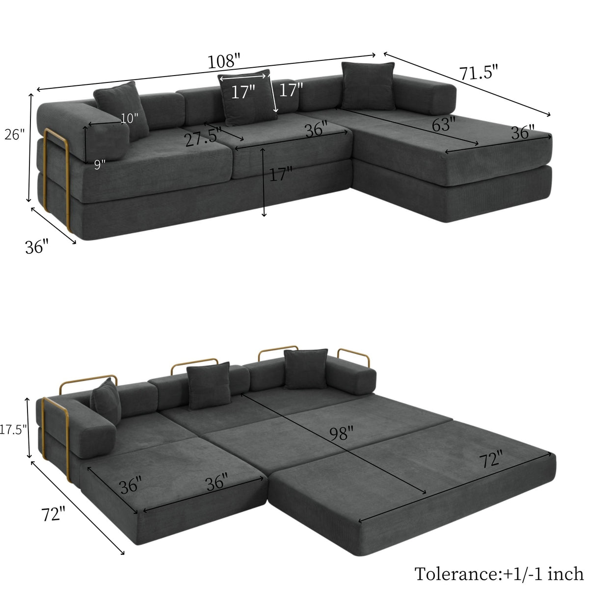 Vanress 108" Modular Sectional Sofa Bed, Convertible Folding Sofa Bed, Modern Cloud Corduroy Boneless Sofa with Deep Seat, Fold-Out Futon Couch Bed for Living Room, No Assembly Required, Grey