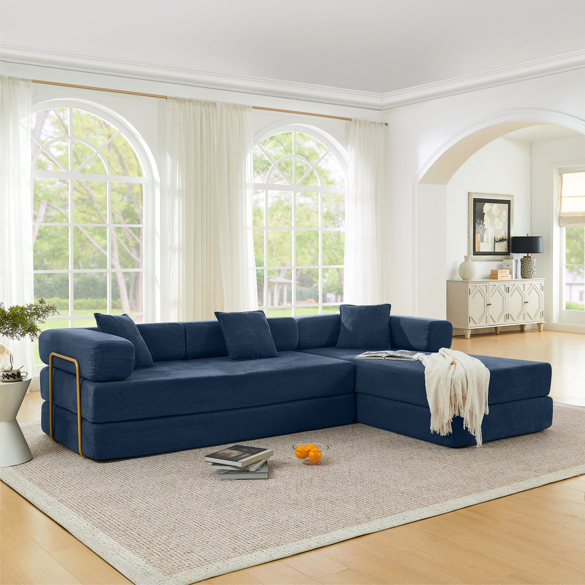 Vanress 108" Modular Sectional Sofa Bed, Convertible Folding Sofa Bed, Modern Cloud Corduroy Boneless Sofa with Deep Seat, Fold-Out Futon Couch Bed for Living Room, No Assembly Required, Grey