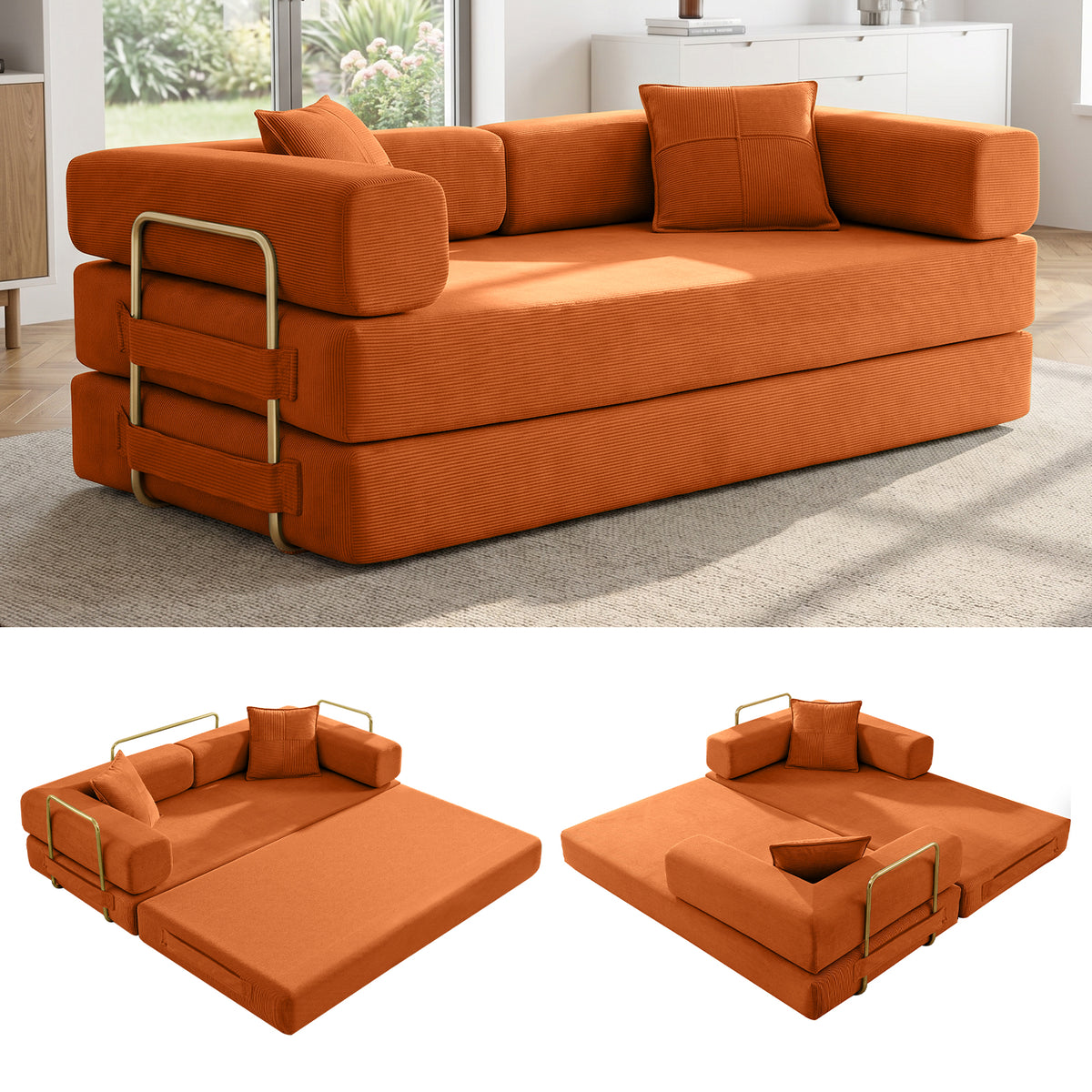 Vanress 78" Convertible Sofa Bed, Folding Sleeper Sofa Couch Bed with Fixed-Shape Frame, Pull-Out Sleeper Loveseat, Corduroy Boneless Futon Bed, No Assembly Required for Living Room & Bedroom, Green