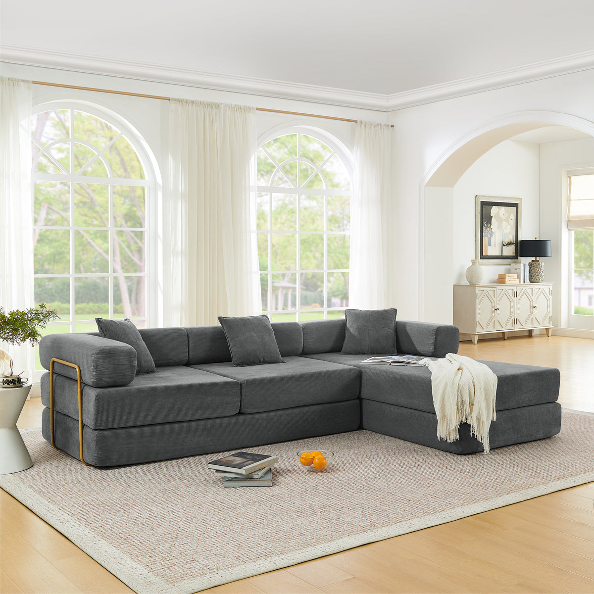 Vanress 108" Modular Sectional Sofa Bed, Convertible Folding Sofa Bed, Modern Cloud Corduroy Boneless Sofa with Deep Seat, Fold-Out Futon Couch Bed for Living Room, No Assembly Required, Grey