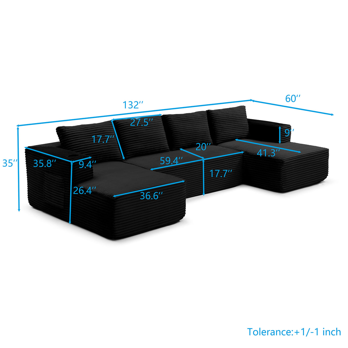 Vanress 132" Oversized Cloud Boneless Sofa Couch, Modern Corduroy U Shaped Modular Sectional Sofa with Deep Seat, Comfy Couch with Cupholders and Storage, for Living Room, No Assembly Required, Black