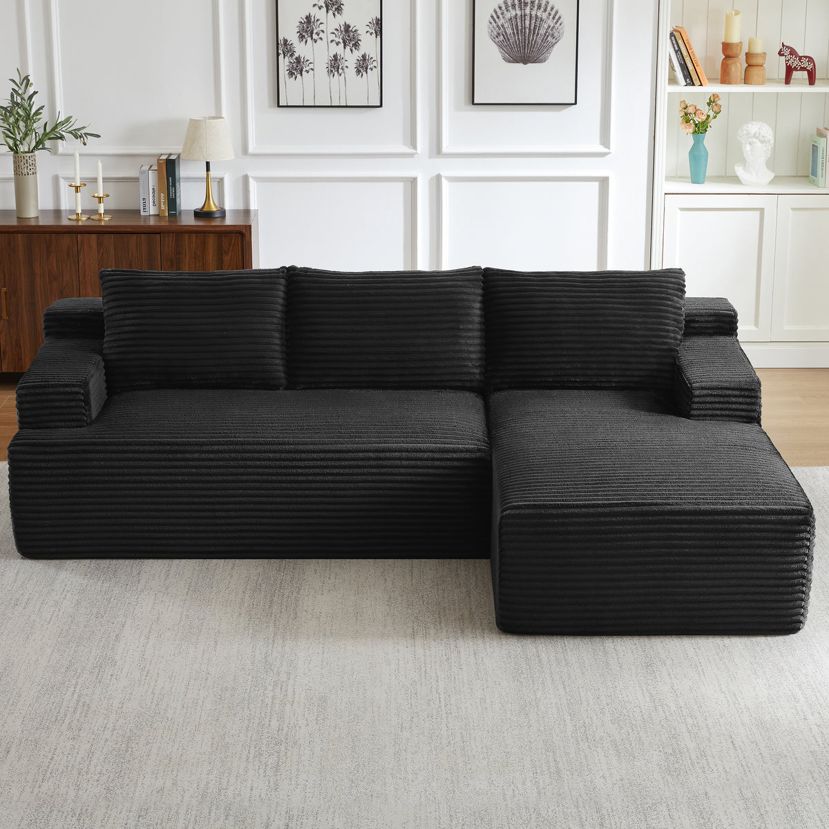 Vanress 96 Inch Modular Sectional Couches for Living Room, Modern Boneless Sofa, Upholstered Deep Seat Cloud Couch, Corduroy Comfy L-Shape Sofas Couches, No Assembly Required, Black (Left Facing Chaise)