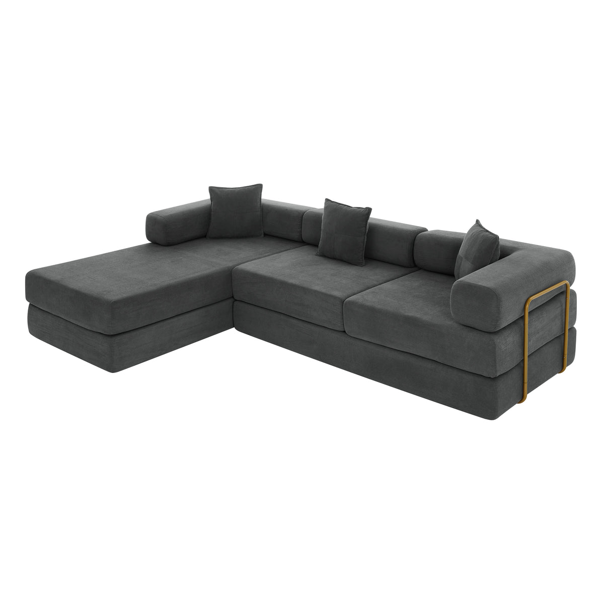 Vanress 108" Modular Sectional Sofa Bed, Convertible Folding Sofa Bed, Modern Cloud Corduroy Boneless Sofa with Deep Seat, Fold-Out Futon Couch Bed for Living Room, No Assembly Required, Grey