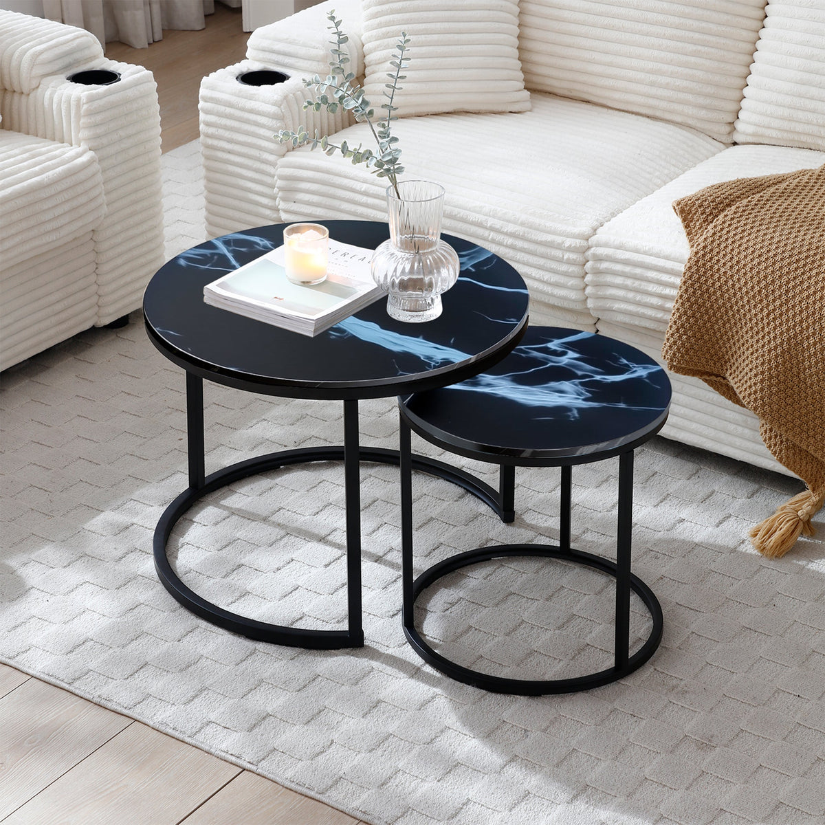Vanress Nesting Coffee Table Set of 2, 23.6" Round Coffee Table Marble Pattern Wooden Tables with Sturdy Metal Frame, Industrial End Table Side Tables for Living Room Bedroom Balcony YarAd