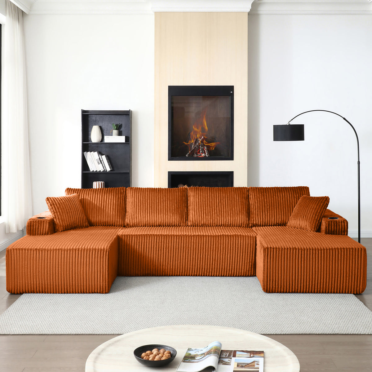 Vanress 132" Oversized Cloud Boneless Sofa Couch, Modern Corduroy U Shaped Modular Sectional Sofa with Deep Seat, Comfy Couch with Cupholders and Storage, for Living Room, No Assembly Required, Black