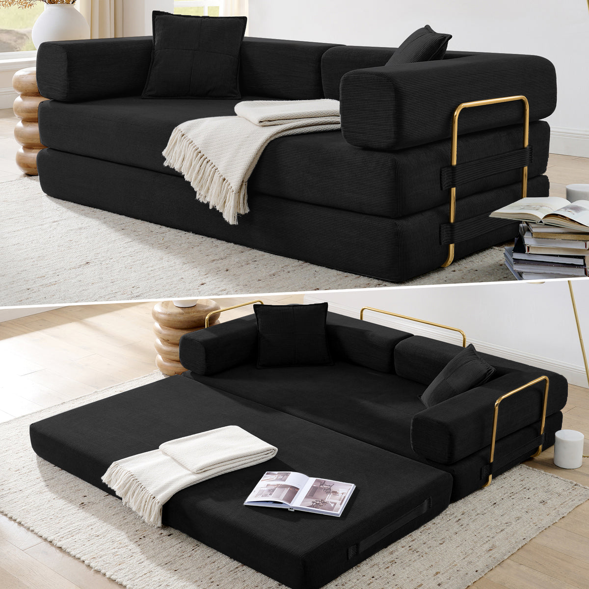 Vanress 79" Convertible Sofa Bed, Folding Sleeper Sofa Couch Bed with Fixed-Shape Frame, Fold Out Sleeper Loveseat, Corduroy Boneless Futon Bed, No Assembly Required for Living Room & Bedroom, Green