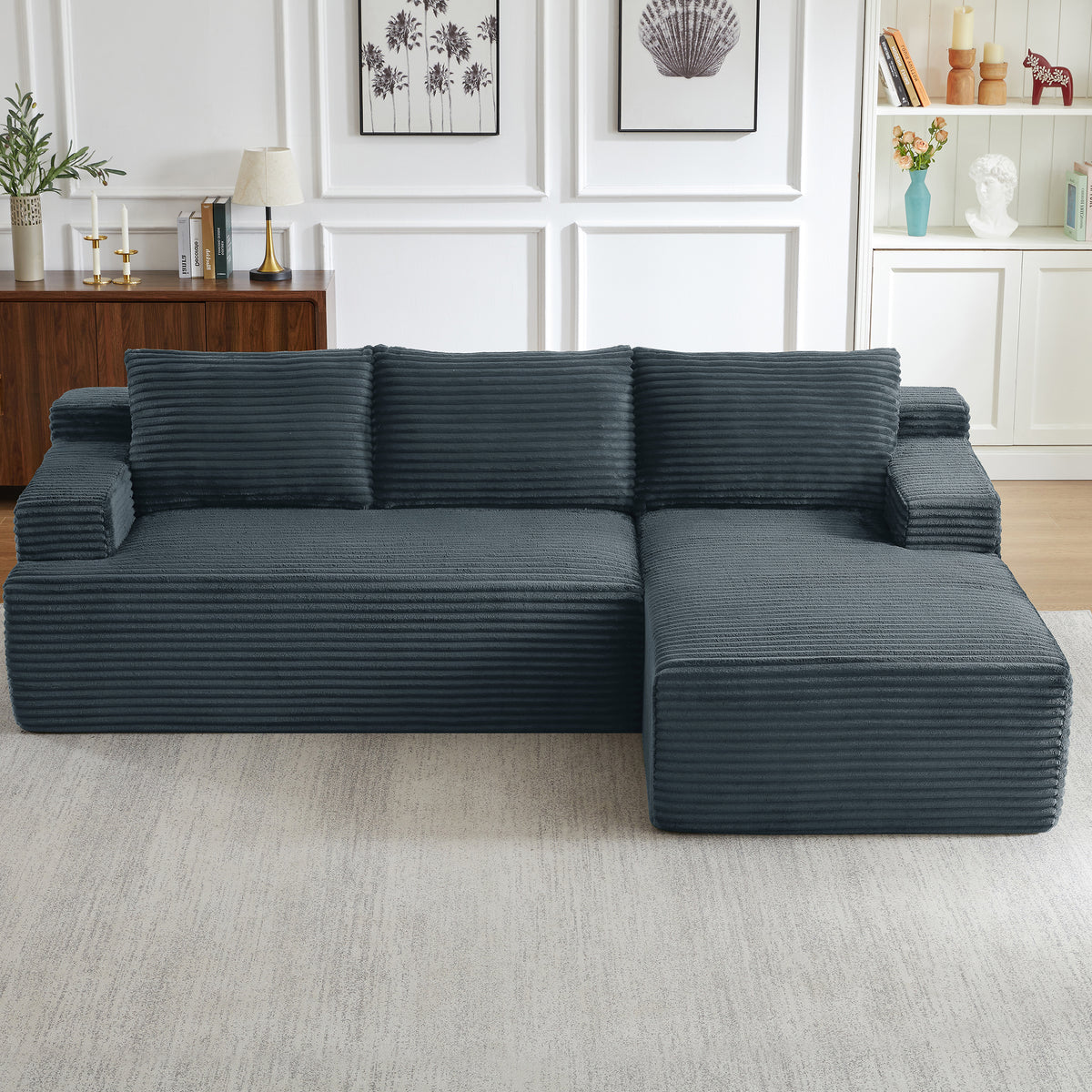 Vanress 96 Inch Modular Sectional Couches for Living Room, Modern Boneless Sofa, Upholstered Deep Seat Cloud Couch, Corduroy Comfy L-Shape Sofas Couches, No Assembly Required, Black (Left Facing Chaise)