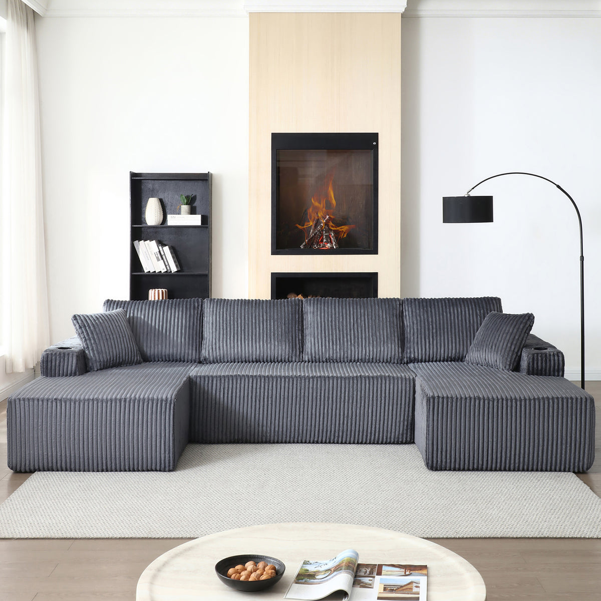 Vanress 132" Oversized Cloud Boneless Sofa Couch, Modern Corduroy U Shaped Modular Sectional Sofa with Deep Seat, Comfy Couch with Cupholders and Storage, for Living Room, No Assembly Required, Black