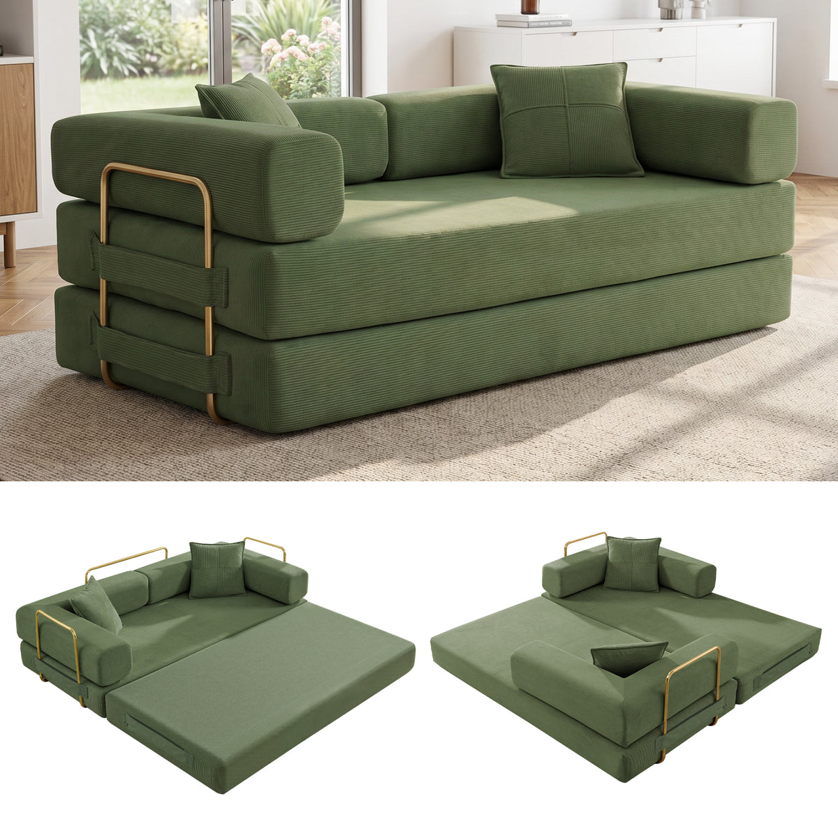 Vanress 78" Convertible Sofa Bed, Folding Sleeper Sofa Couch Bed with Fixed-Shape Frame, Pull-Out Sleeper Loveseat, Corduroy Boneless Futon Bed, No Assembly Required for Living Room & Bedroom, Green