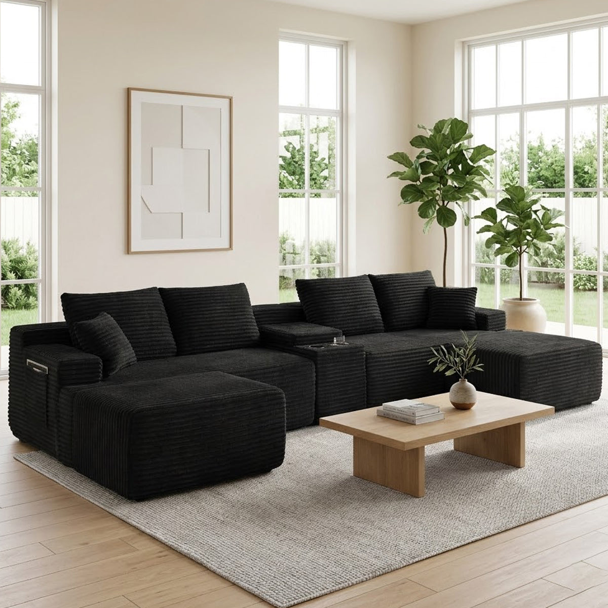 Vanress 140" Modular Sectional Sofa, Boneless Sofa Cloud Sofa for Living Room, Corduroy U Shaped Cloud Sectional Couch with Cupholders, Modern Deep Seat Modular Sofa, No Assembly, Camel