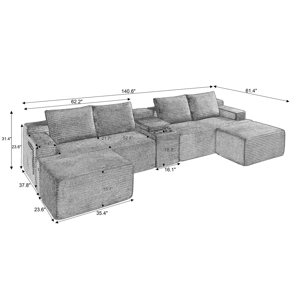 Vanress 140" Modular Sectional Sofa, Boneless Sofa Cloud Sofa for Living Room, Corduroy U Shaped Cloud Sectional Couch with Cupholders, Modern Deep Seat Modular Sofa, No Assembly, Camel