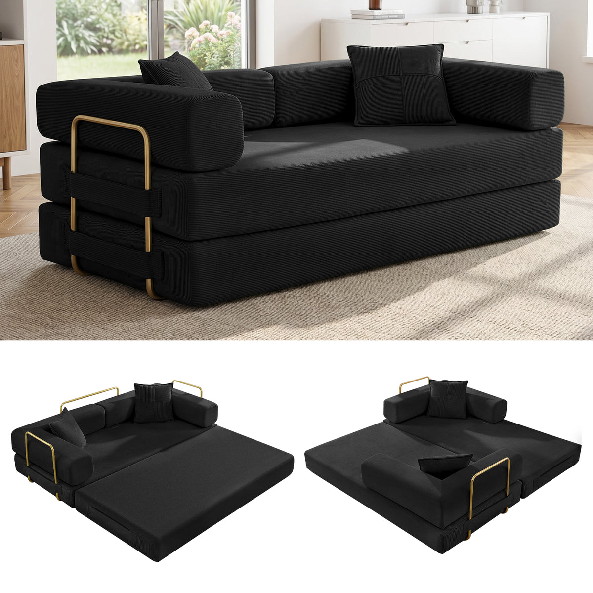 Vanress 78" Convertible Sofa Bed, Folding Sleeper Sofa Couch Bed with Fixed-Shape Frame, Pull-Out Sleeper Loveseat, Corduroy Boneless Futon Bed, No Assembly Required for Living Room & Bedroom, Green