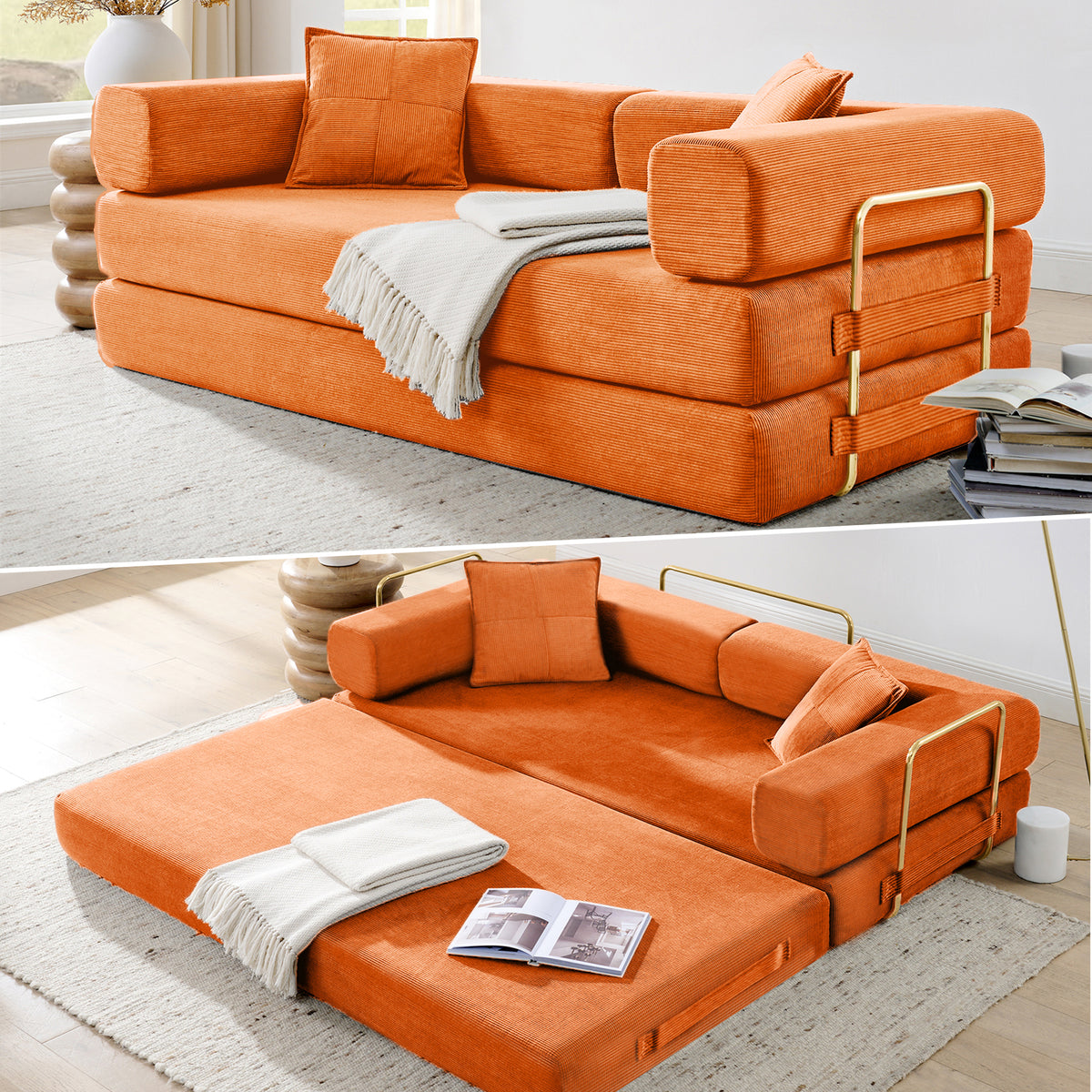 Vanress 79" Convertible Sofa Bed, Folding Sleeper Sofa Couch Bed with Fixed-Shape Frame, Fold Out Sleeper Loveseat, Corduroy Boneless Futon Bed, No Assembly Required for Living Room & Bedroom, Green