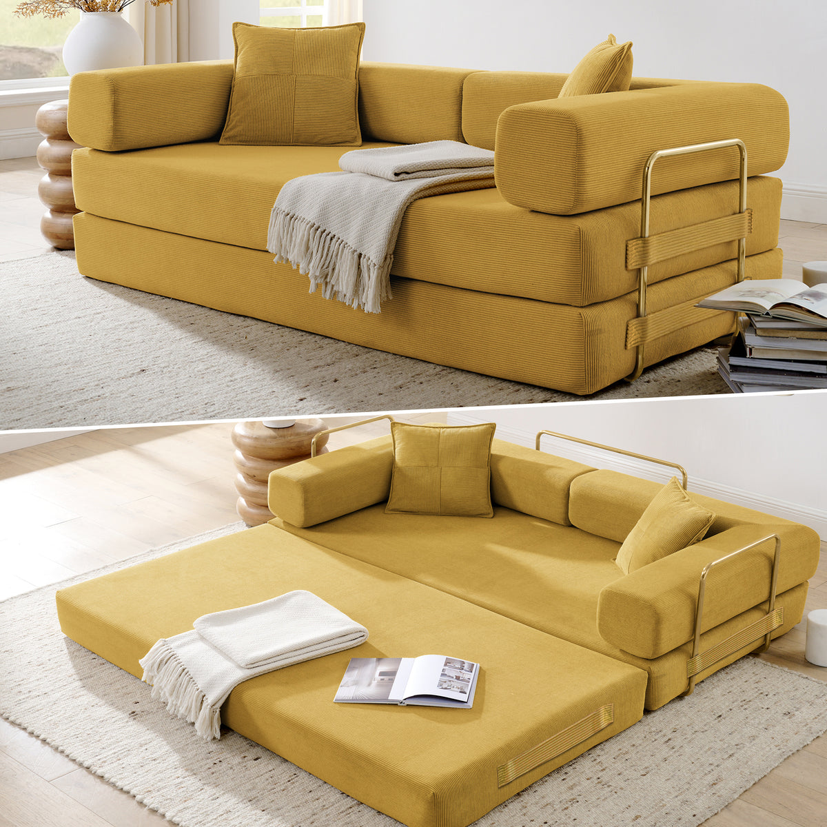 Vanress 79" Convertible Sofa Bed, Folding Sleeper Sofa Couch Bed with Fixed-Shape Frame, Fold Out Sleeper Loveseat, Corduroy Boneless Futon Bed, No Assembly Required for Living Room & Bedroom, Green