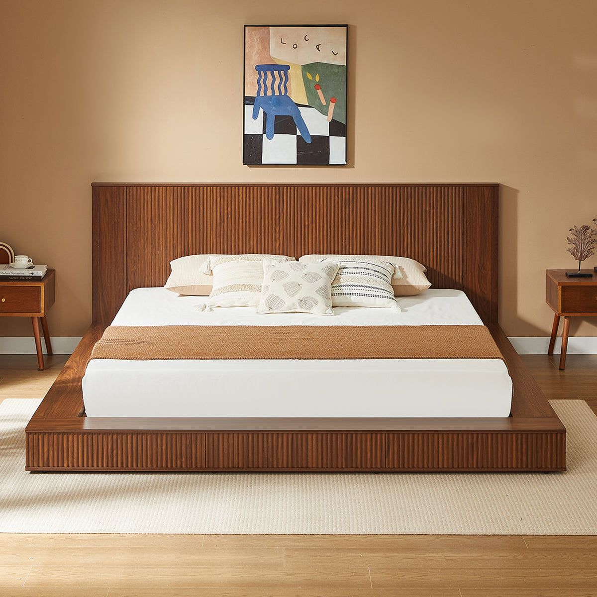 Vanress Queen Platform Bed Frame, Solid Walnut Wood with Vertical Fluted Headboard & Footboard, Modern Japandi Low-Profile Floor Bed, Sturdy Slat Support, No Box Spring Needed, Natural
