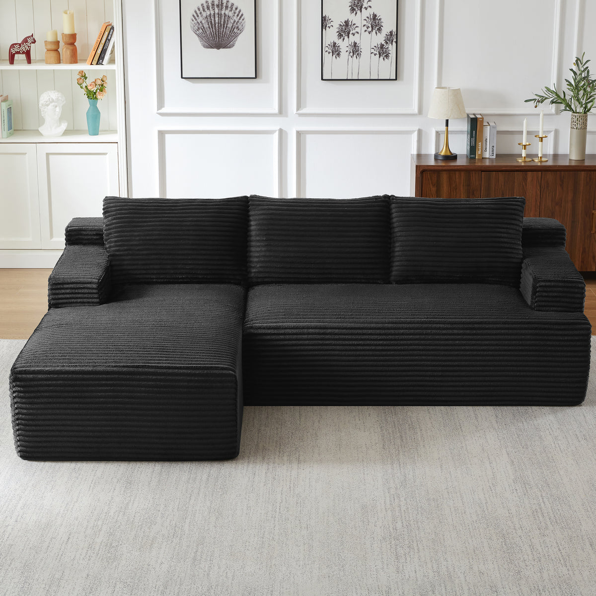 Vanress 96 Inch Modular Sectional Couches for Living Room, Modern Boneless Sofa, Upholstered Deep Seat Cloud Couch, Corduroy Comfy L-Shape Sofas Couches, No Assembly Required, Black (Left Facing Chaise)