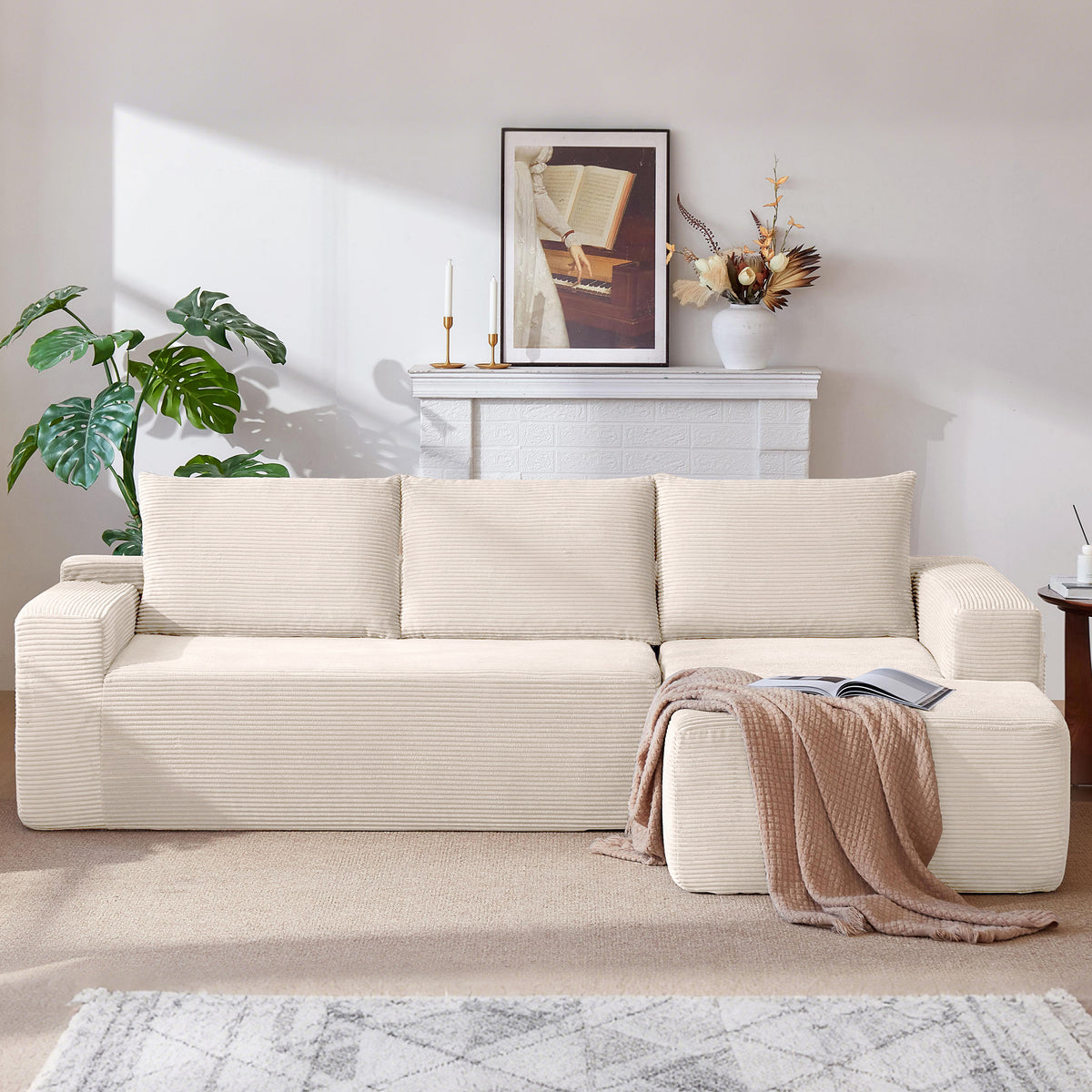 Vanress 96 Inch Modular Sectional Couches for Living Room, Modern Boneless Sofa, Upholstered Deep Seat Cloud Couch, Corduroy Comfy L-Shape Sofas Couches, No Assembly Required, Black (Left Facing Chaise)