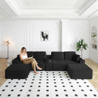 Vanress 150" Modular Sectional Sofa Couch for Living Room, Corduroy Boneless Sofas, Oversized Modern Cloud Couch, U Shape Couches Deep Seat with USB Ports and Cup Holders, Black