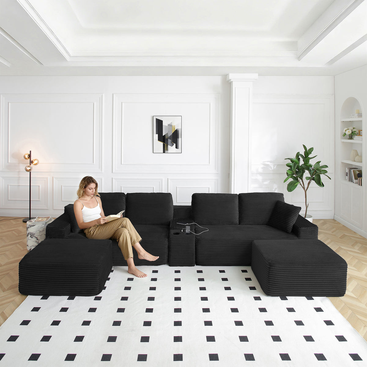 Vanress 150" Modular Sectional Sofa Couch for Living Room, Corduroy Boneless Sofas, Oversized Modern Cloud Couch, U Shape Couches Deep Seat with USB Ports and Cup Holders, Black