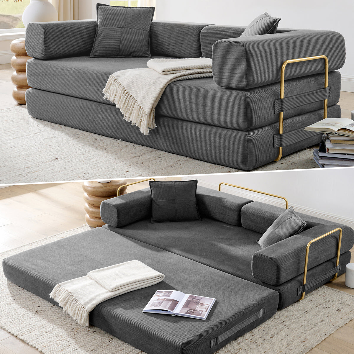 Vanress 79" Convertible Sofa Bed, Folding Sleeper Sofa Couch Bed with Fixed-Shape Frame, Fold Out Sleeper Loveseat, Corduroy Boneless Futon Bed, No Assembly Required for Living Room & Bedroom, Green