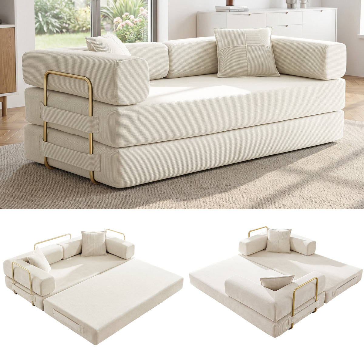 Vanress 78" Convertible Sofa Bed, Folding Sleeper Sofa Couch Bed with Fixed-Shape Frame, Pull-Out Sleeper Loveseat, Corduroy Boneless Futon Bed, No Assembly Required for Living Room & Bedroom, Green
