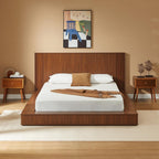 Vanress Queen Platform Bed Frame, Solid Walnut Wood with Vertical Fluted Headboard & Footboard, Modern Japandi Low-Profile Floor Bed, Sturdy Slat Support, No Box Spring Needed, Natural