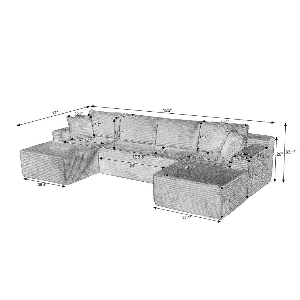 Vanress 125" Modular Sectional Sofa Couch, Modern Corduroy Cloud Couch with Cupholders and Storage, Deep Seat U Shape Sofa Boneless Couches for Living Room, No Assembly Required