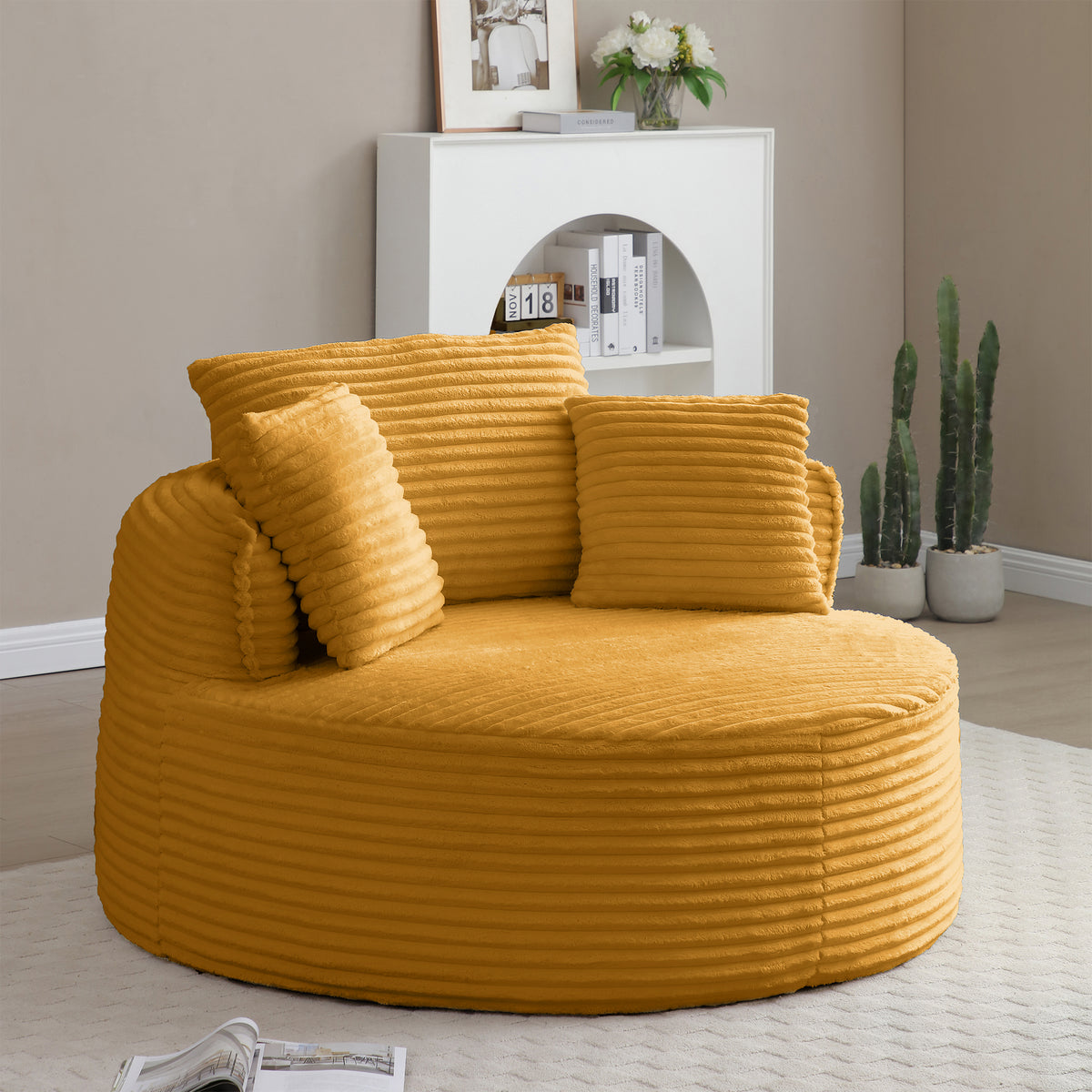 Vanress 53'' Oversized Round Chaise Lounge Chair Indoor,Upholstered Corduroy Deep Seat Cloud Circle Sofa Chair,Modern Fluffy Comfy Floor Reading Armchair for Living Room,Bedroom,No Assembly Required,Green