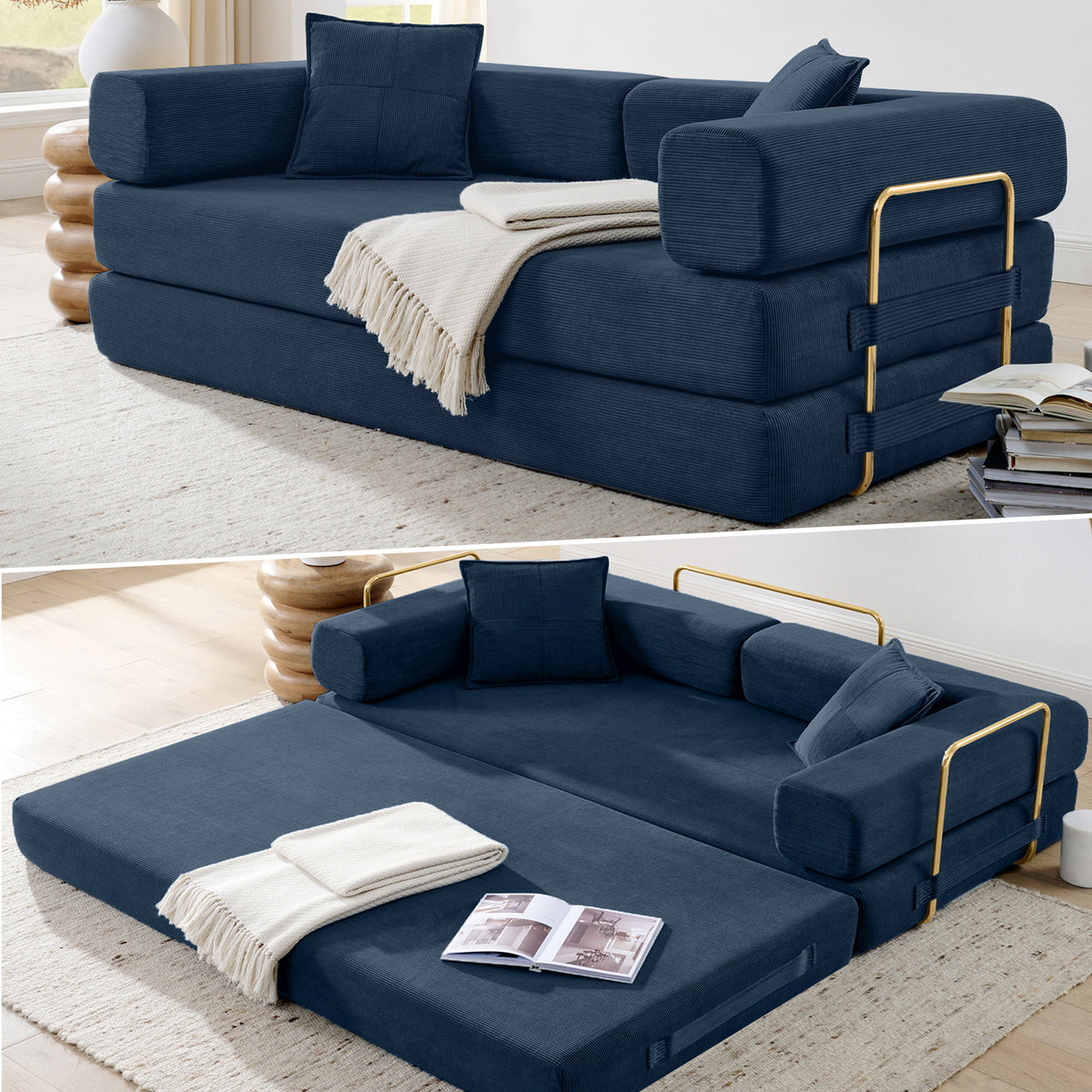 Vanress 79" Convertible Sofa Bed, Folding Sleeper Sofa Couch Bed with Fixed-Shape Frame, Fold Out Sleeper Loveseat, Corduroy Boneless Futon Bed, No Assembly Required for Living Room & Bedroom, Green